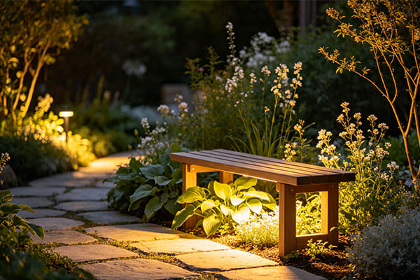 A garden scene showing layered lighting with accent lights on plants and ambient light under a bench.